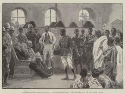 Palaver entre enviados Ashanti y el gobernador Maxwell en la sala de billar en el Castillo de Cape Coast de William Barnes Wollen